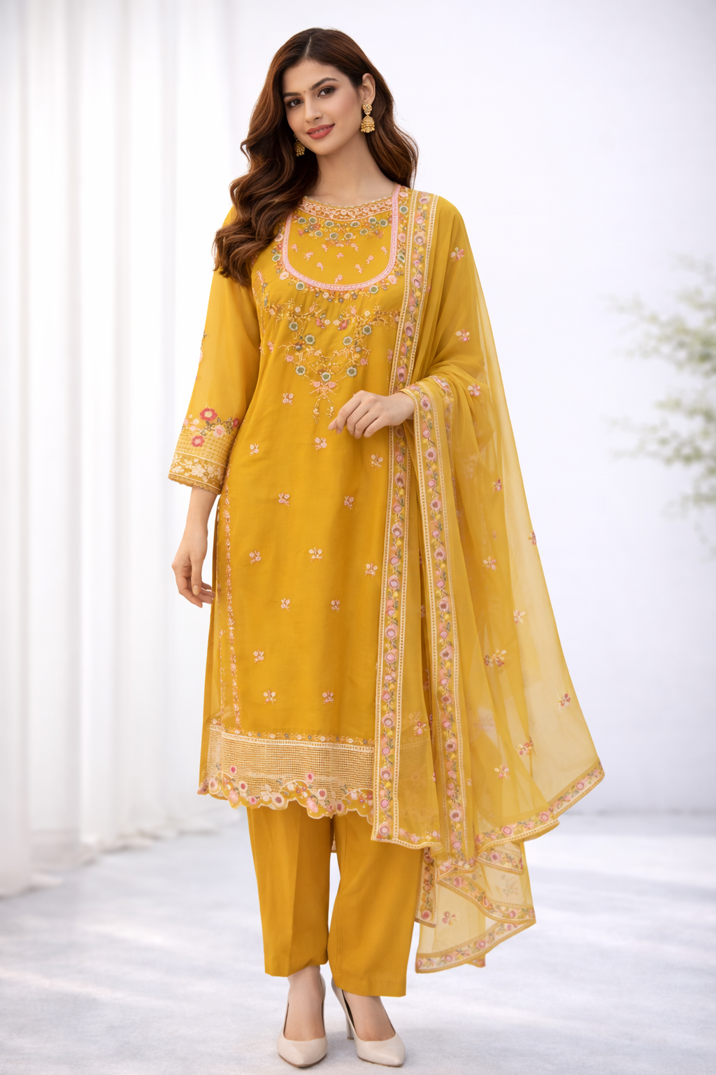Mustard Yellow Embroidered Organza 3-Piece Suit