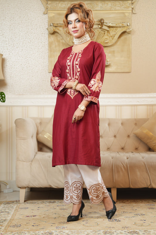 Embroidered Khaddi Silk One Piece