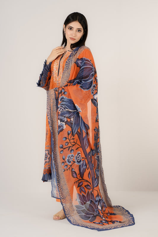 Burnt Orange & Blue Printed 3 Pcs Set