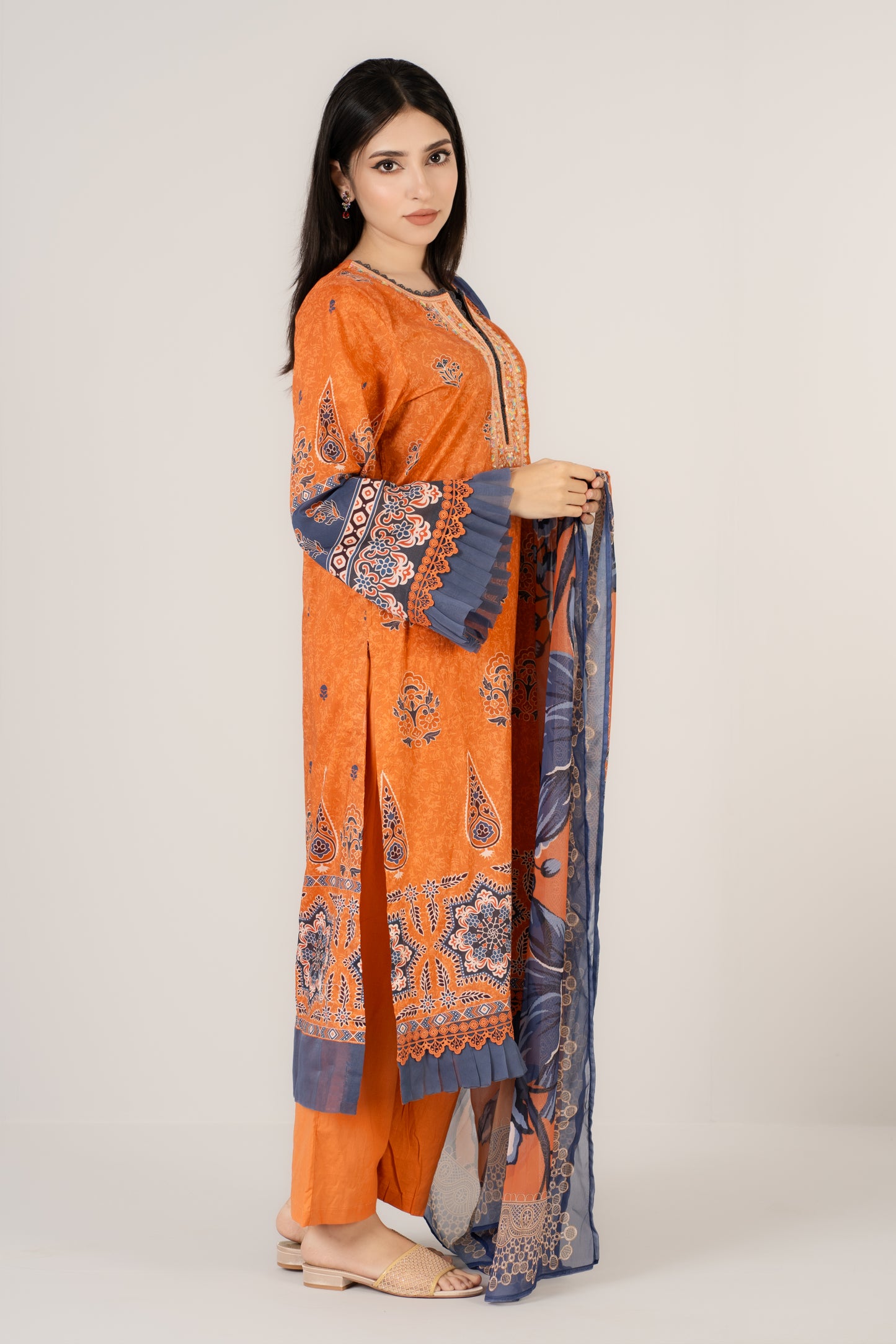 Burnt Orange & Blue Printed 3 Pcs Set