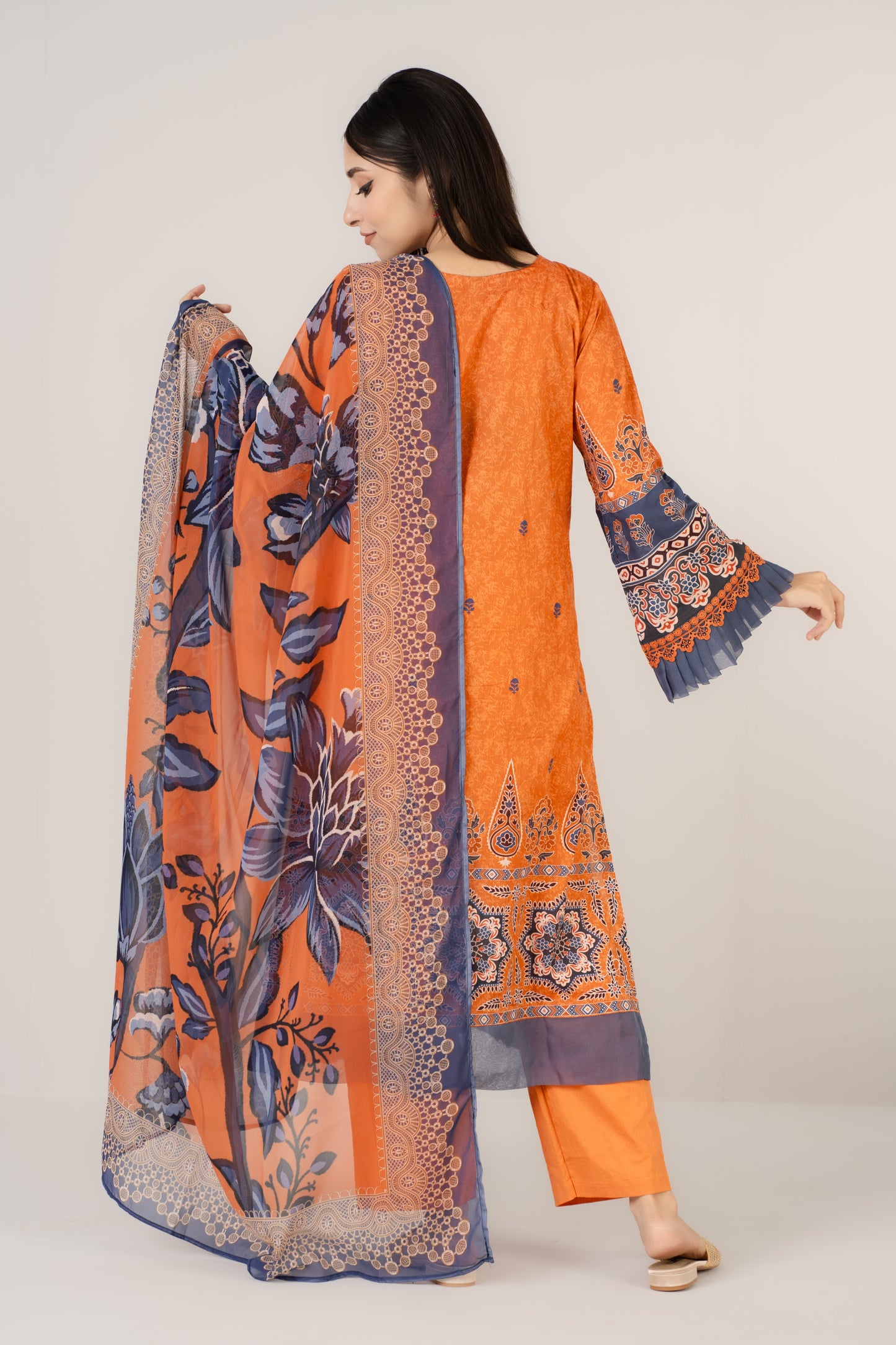 Burnt Orange & Blue Printed 3 Pcs Set
