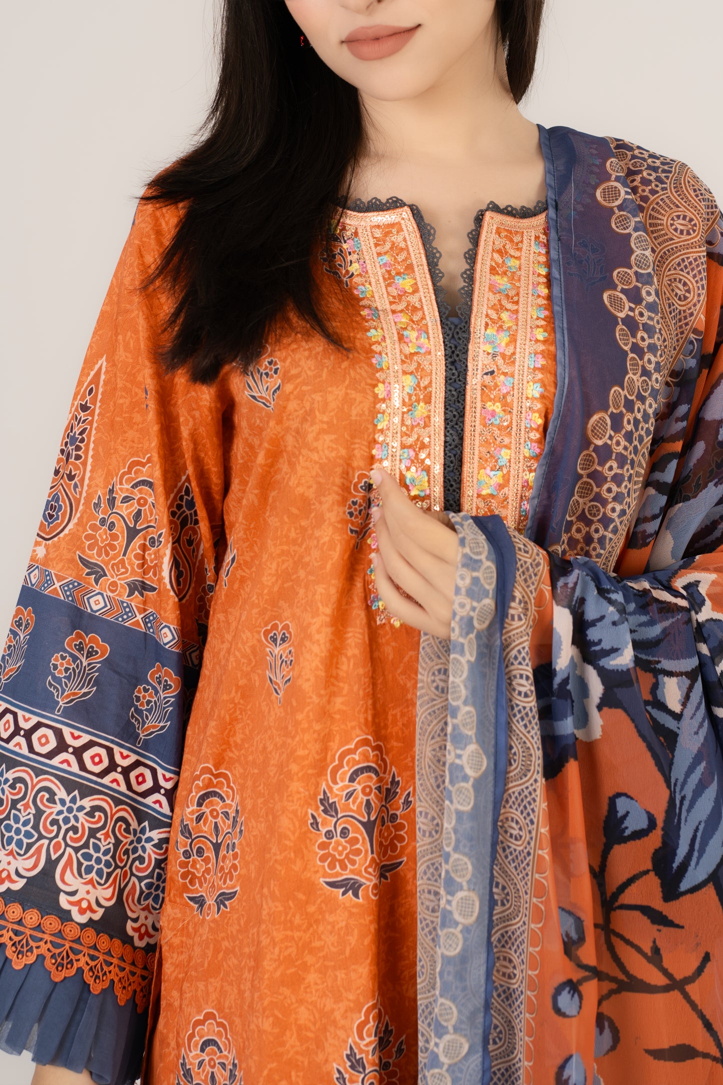Burnt Orange & Blue Printed 3 Pcs Set