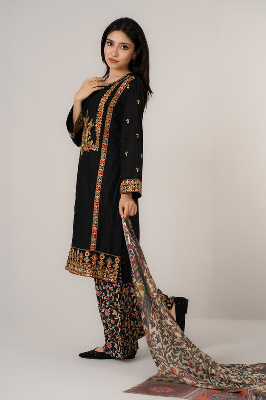 Elegant Black Floral Embroidered 3 Pcs Set