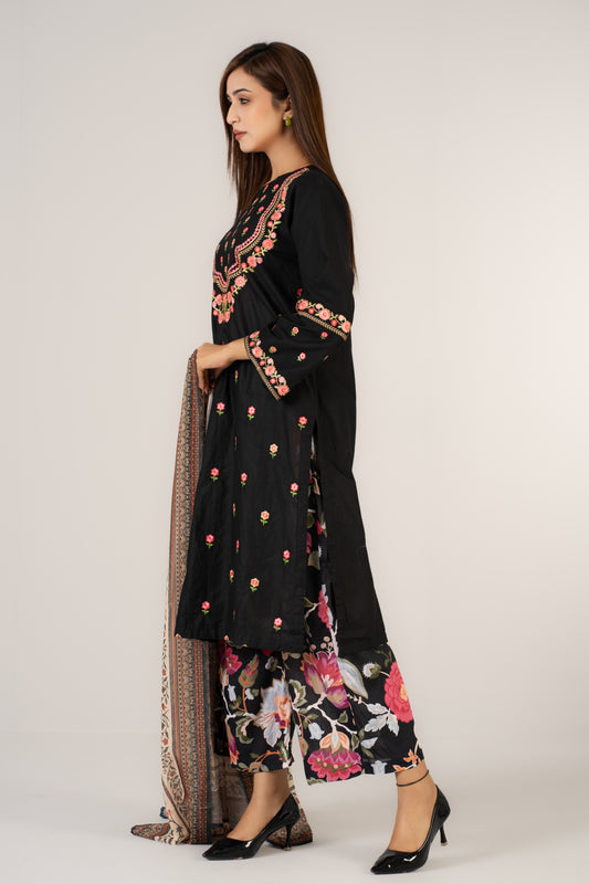 Elegant Black Floral Embroidered 3piece suit
