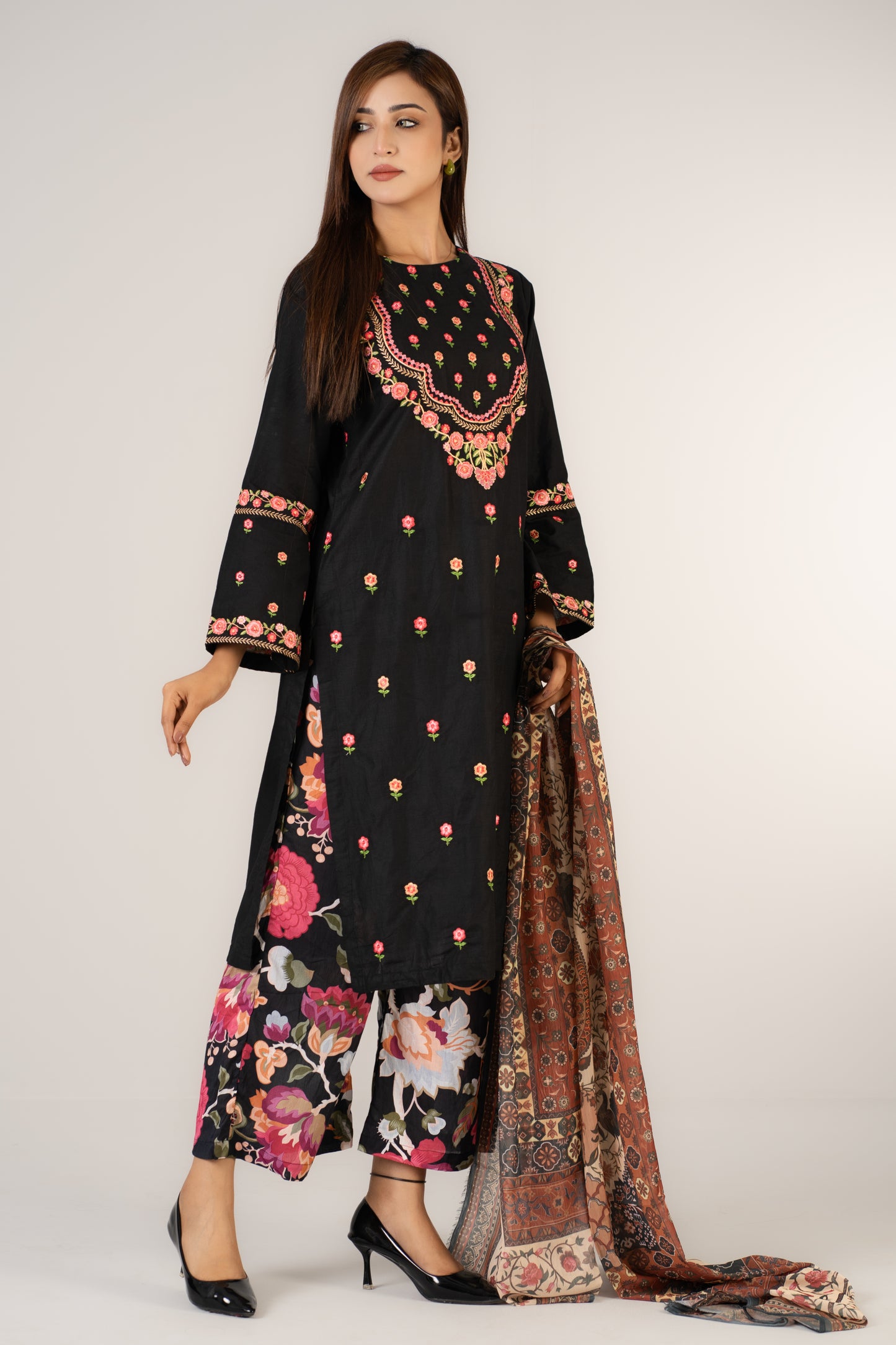 Elegant Black Floral Embroidered 3piece suit