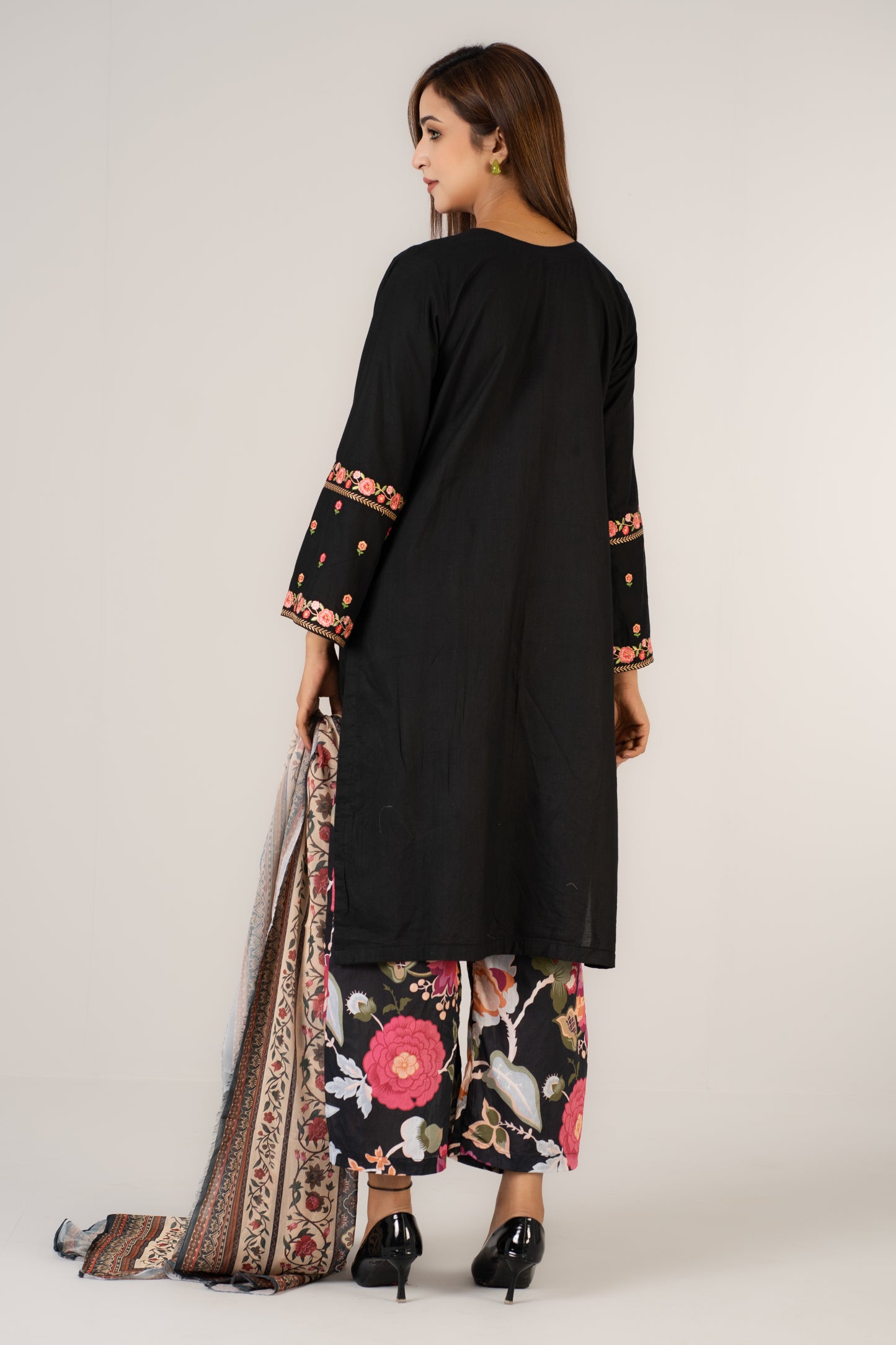 Elegant Black Floral Embroidered 3piece suit