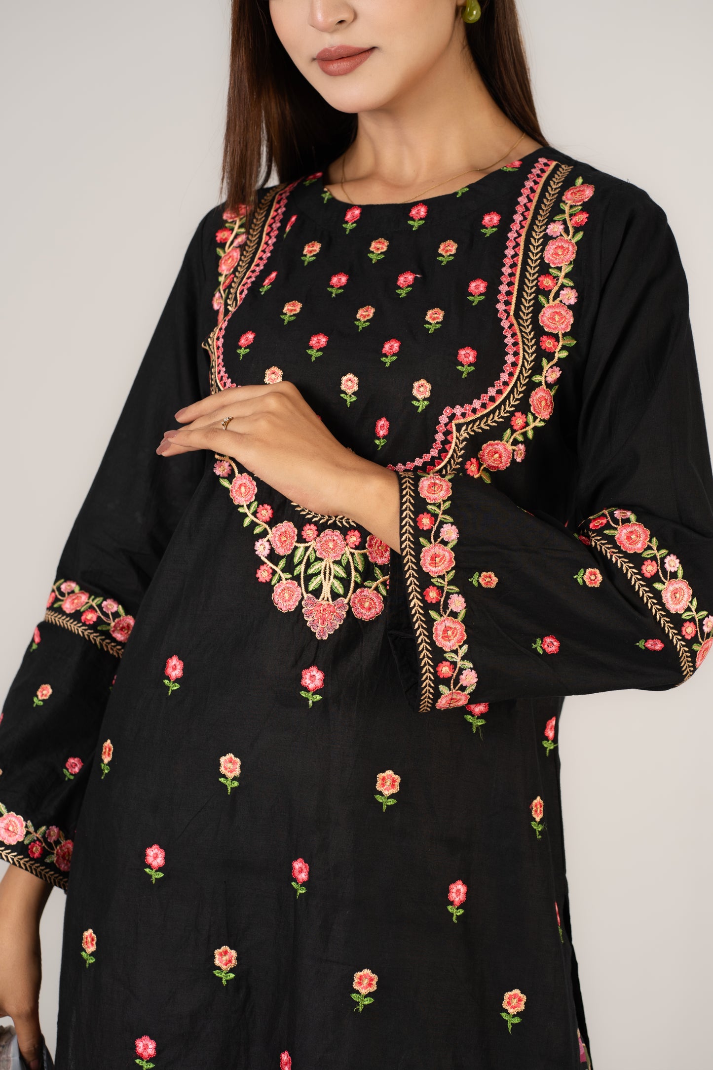 Elegant Black Floral Embroidered 3piece suit
