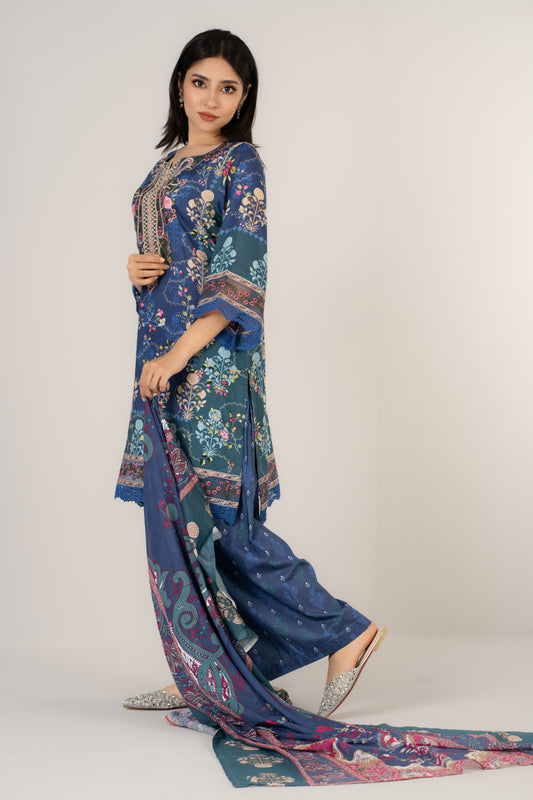 Classic Blue Floral Printed 3 Pcs Set