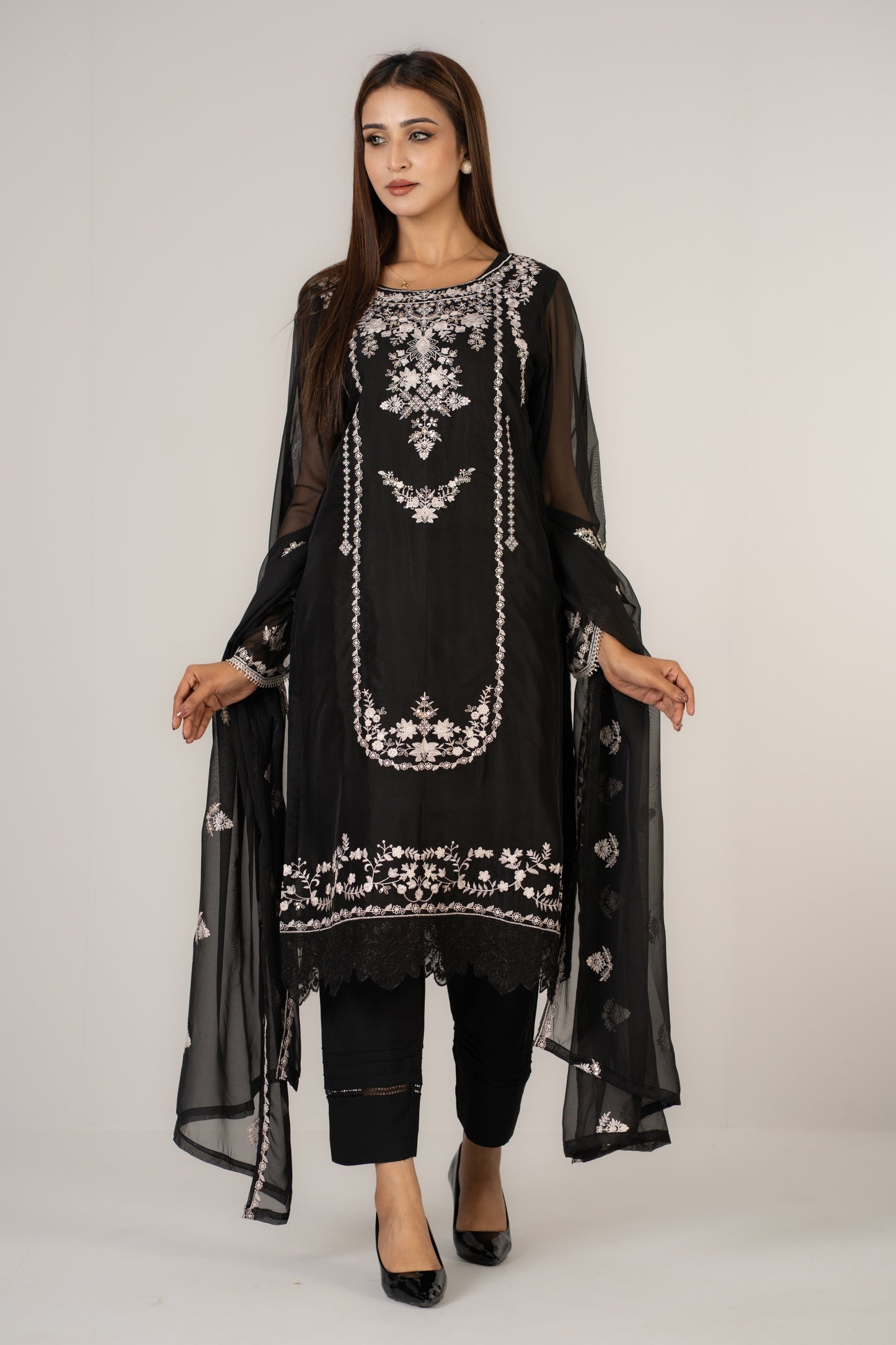 Black Soft Organza 3 Pcs Suit