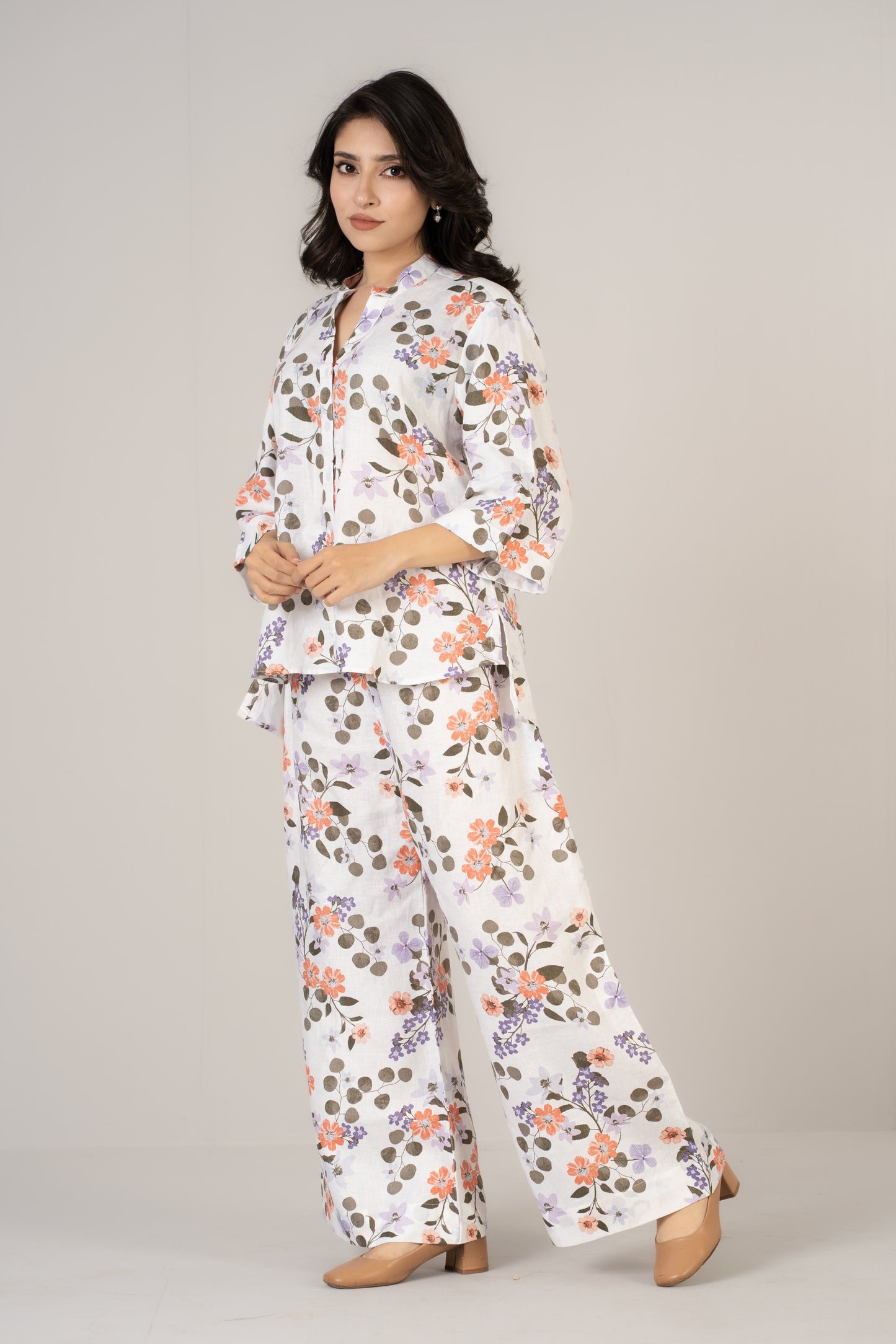 White Floral Premium Linen Co-ords Set