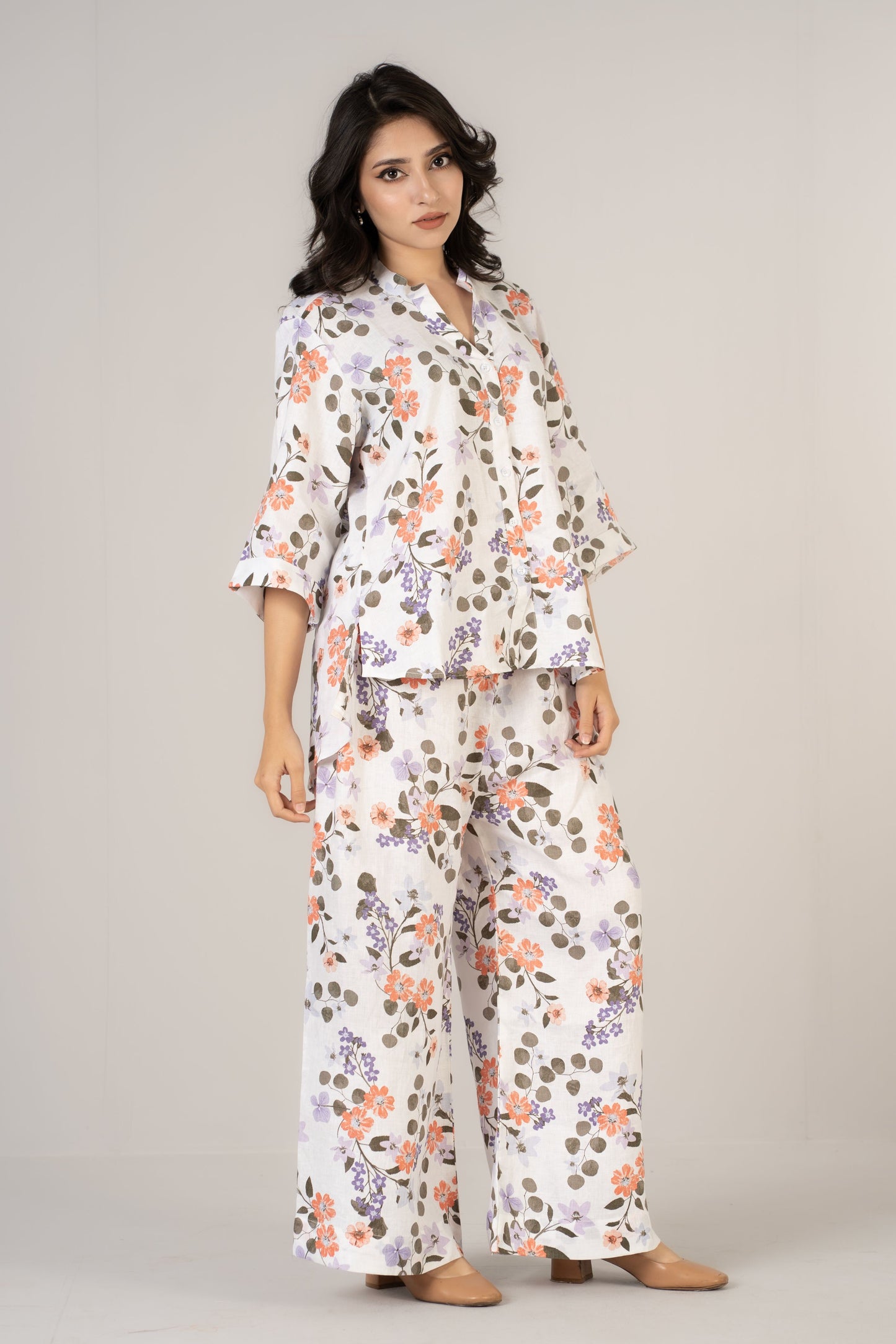 White Floral Premium Linen Co-ords Set