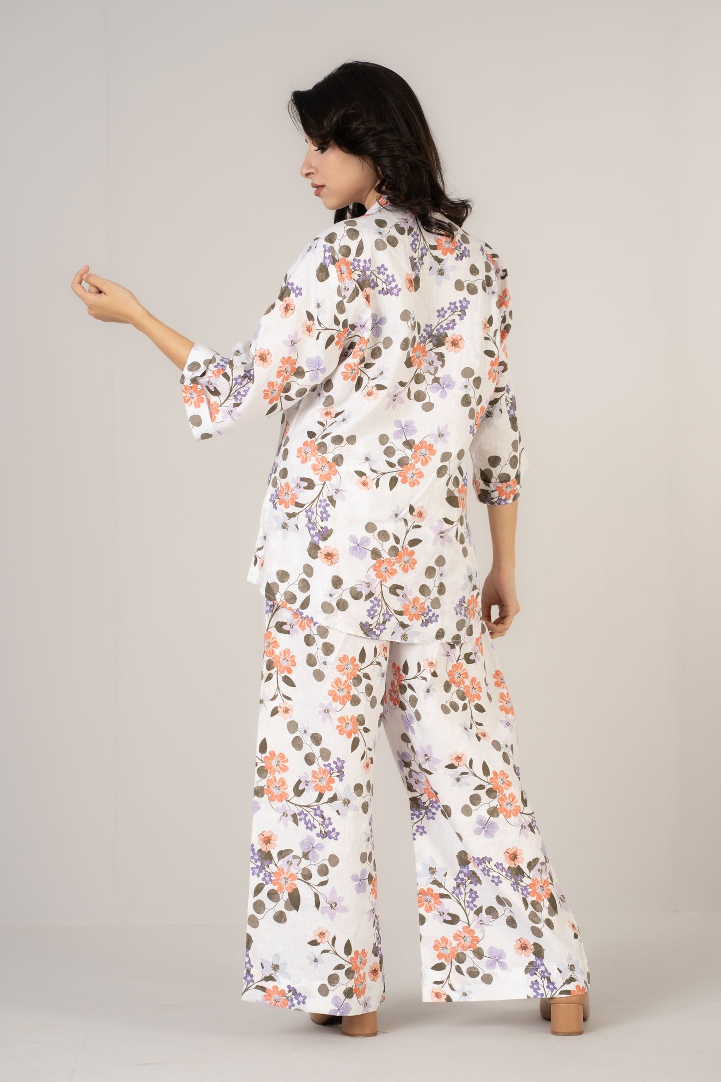 White Floral Premium Linen Co-ords Set