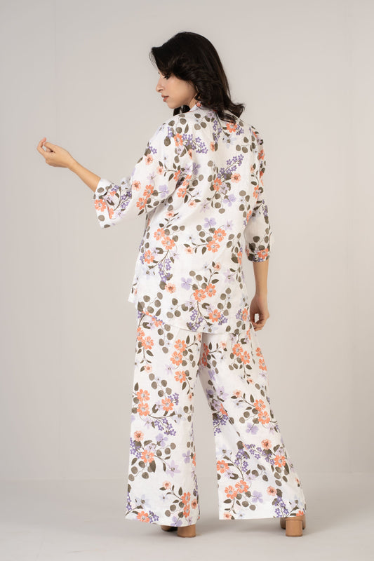 White Floral Premium Linen Co-ords Set
