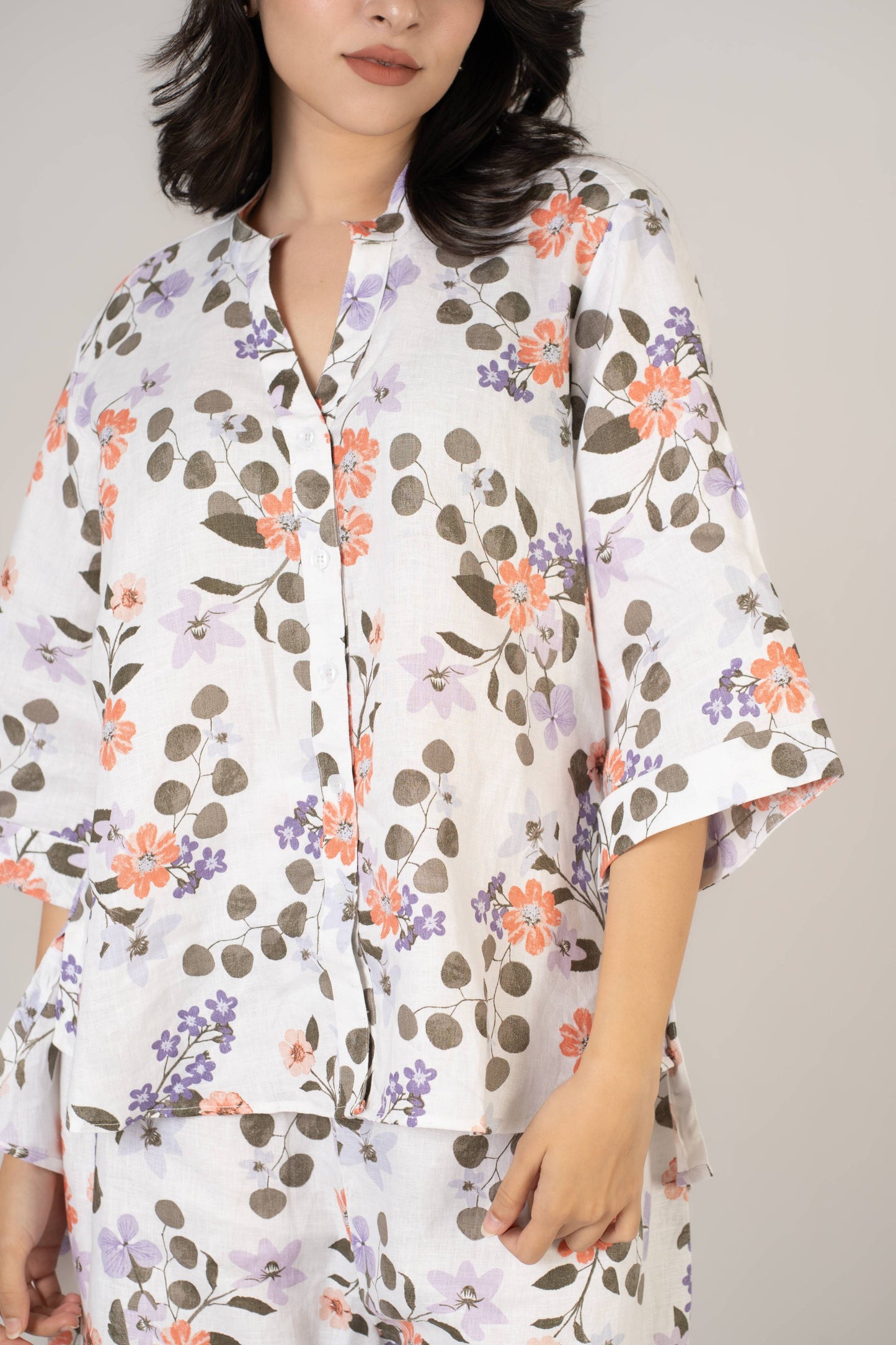 White Floral Premium Linen Co-ords Set