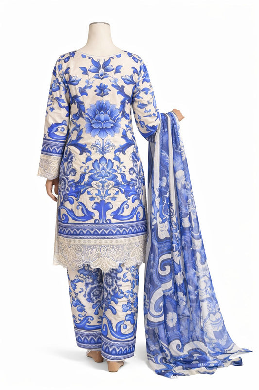 Royal Blue Floral Embroidery 3-Piece Lawn Set