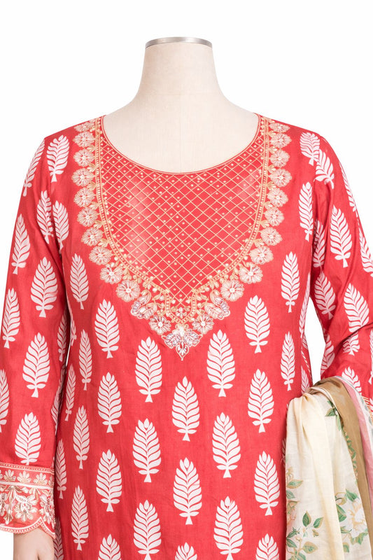 Coral Red Printed With Embordered 3-Piece Lawn Set