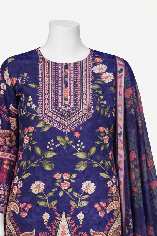 Royal Purple Floral Embroidered 3-Piece Lawn Suit
