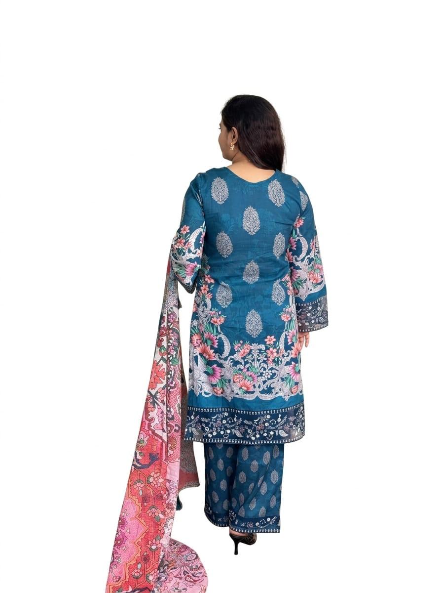 Teal Blue Embroidered Neck 3 Piece Salwar Kameez Set with Contrast Dupatta