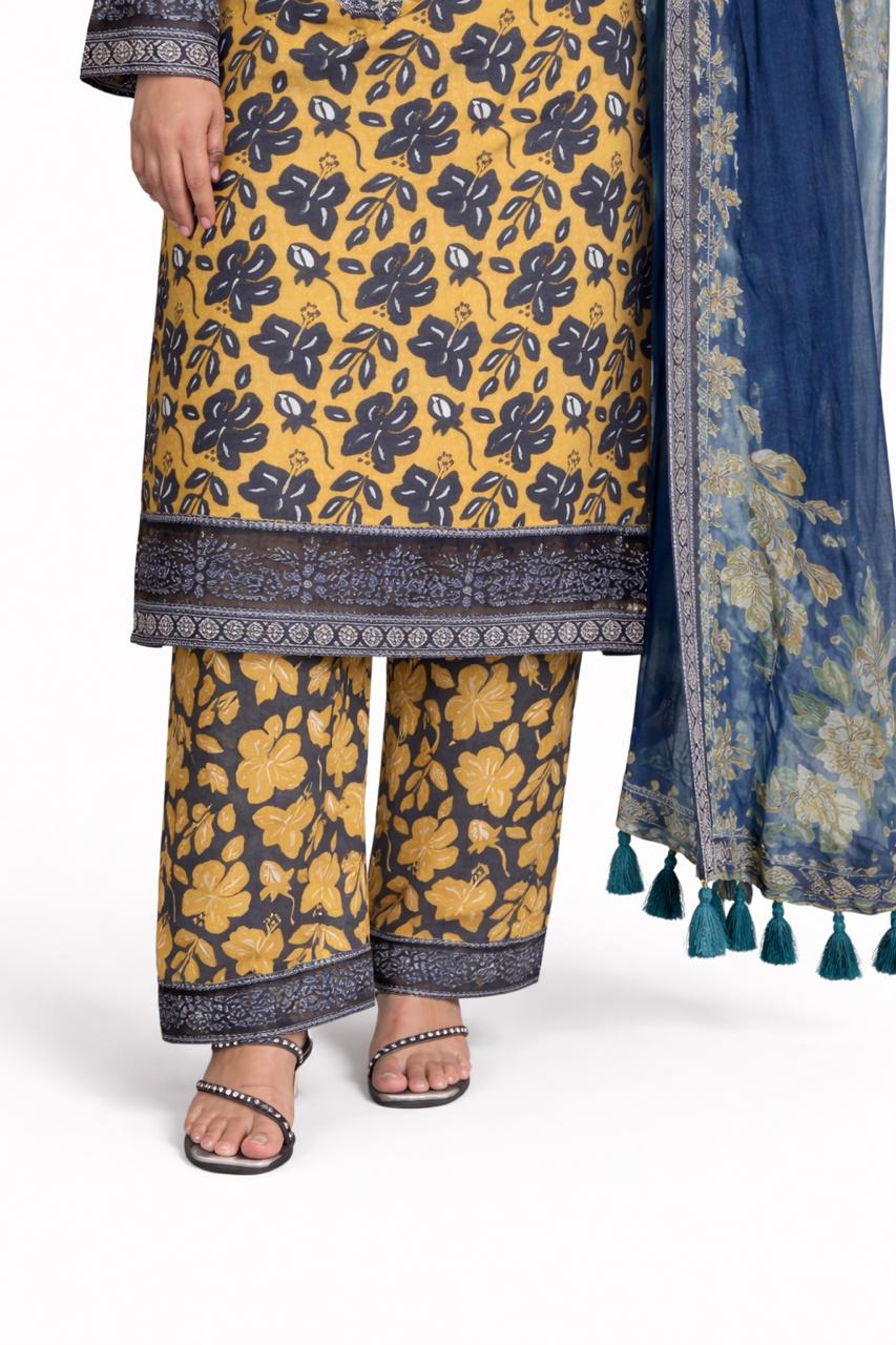 Mustard & Navy Embroidery Floral Printed Kurta 3 Piece with Dupatta