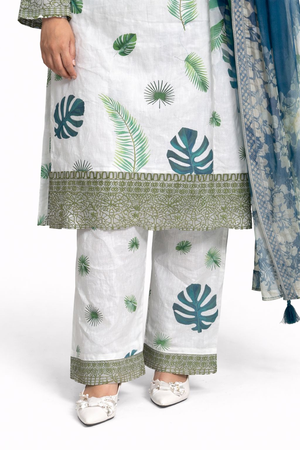 Off-white Botanical Printed Kurta Set with Embroidered Neck & Multicolor Dupatta