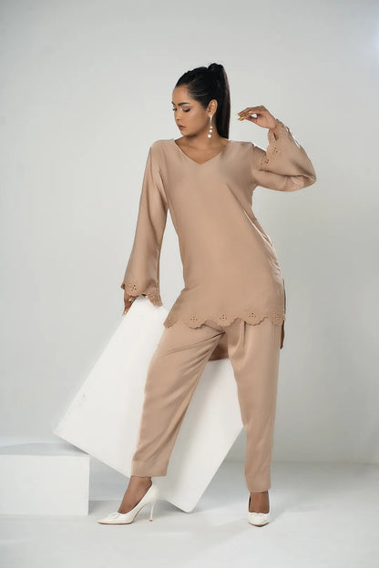 Embroidered Co-Ord Set (Beige)