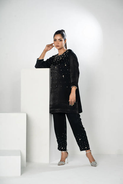 Embellished Black Knit Top