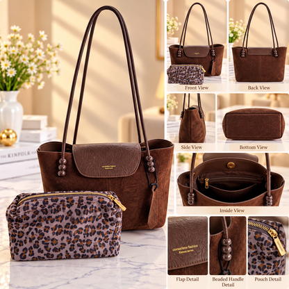 Premium Brown Tote Bag with Leopard Pouch