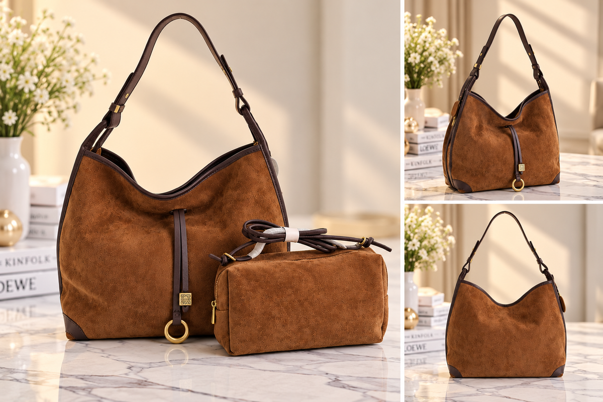 Suede Hobo Bag with Matching Pouch