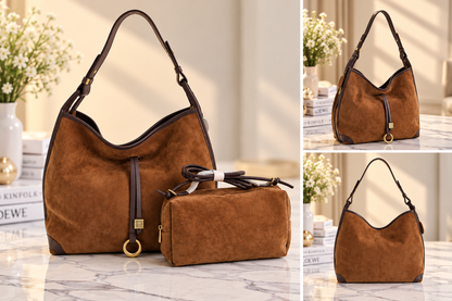 Suede Hobo Bag with Matching Pouch