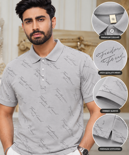 Premium Printed Polo Shirt – Light Grey