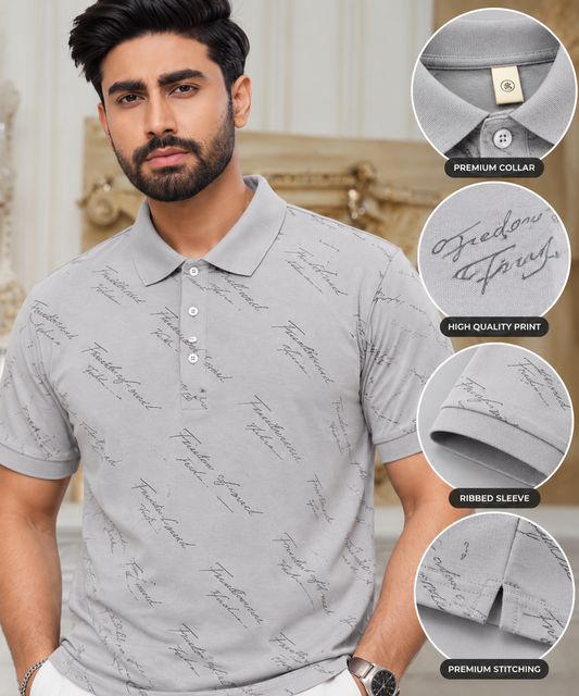 Premium Printed Polo Shirt – Light Grey
