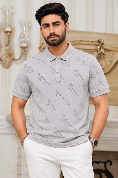 Premium Printed Polo Shirt – Light Grey