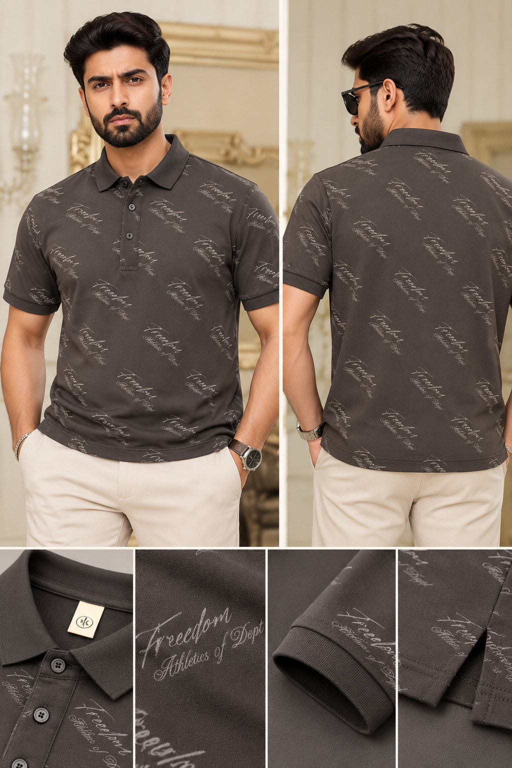 Premium Printed Polo Shirt – Charcoal