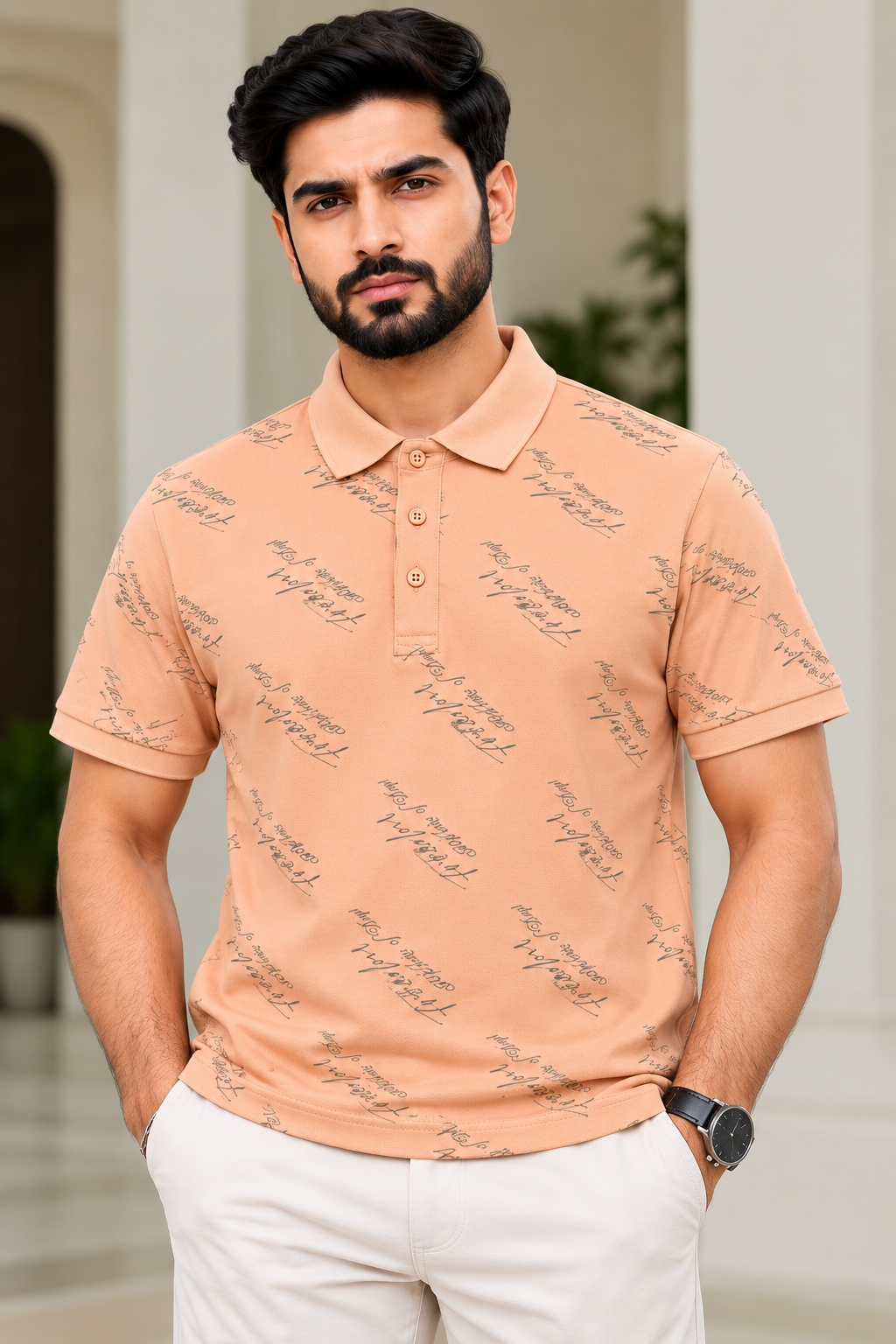 Premium Printed Polo Shirt – Peach