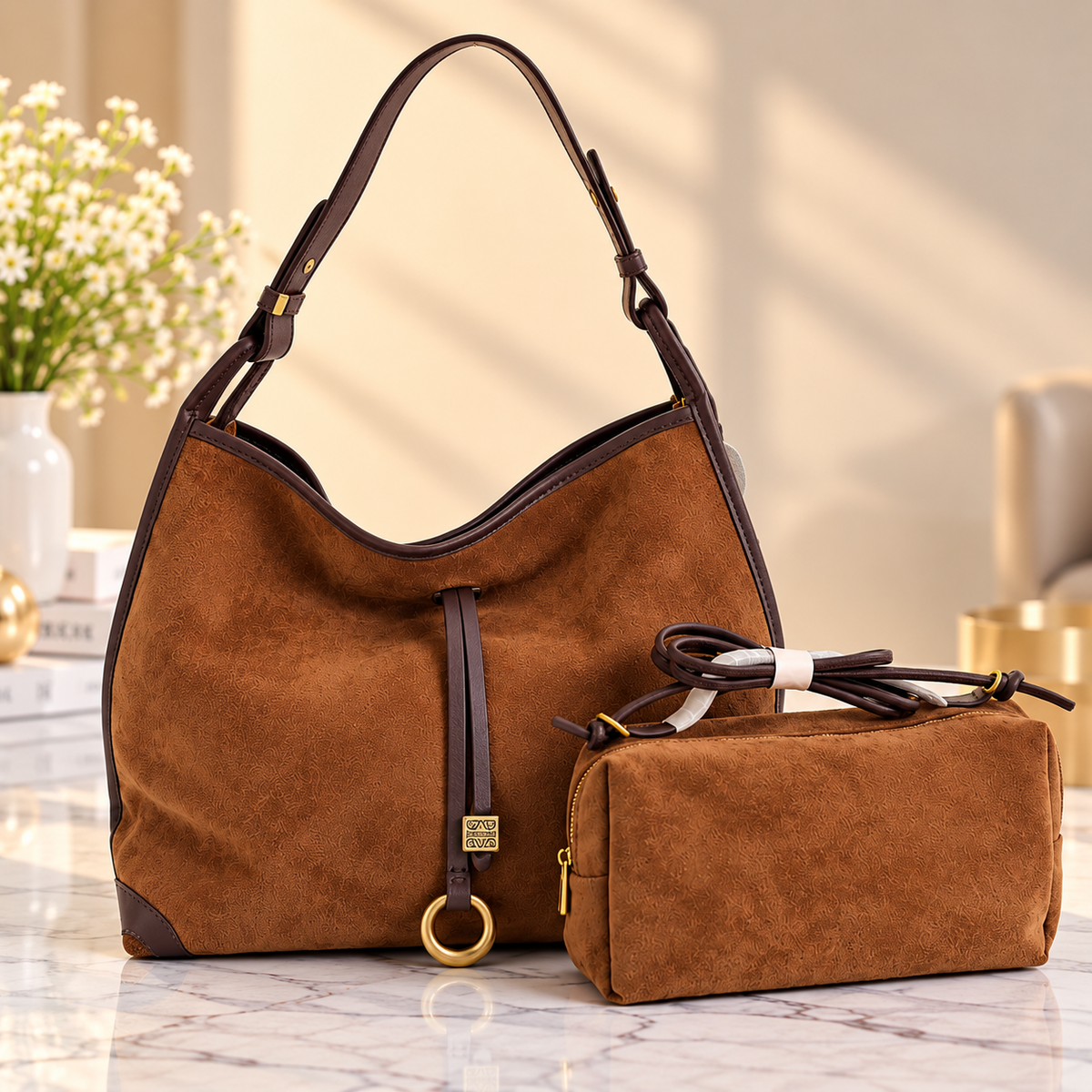 Suede Hobo Bag with Matching Pouch