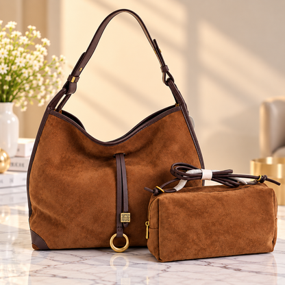 Suede Hobo Bag with Matching Pouch
