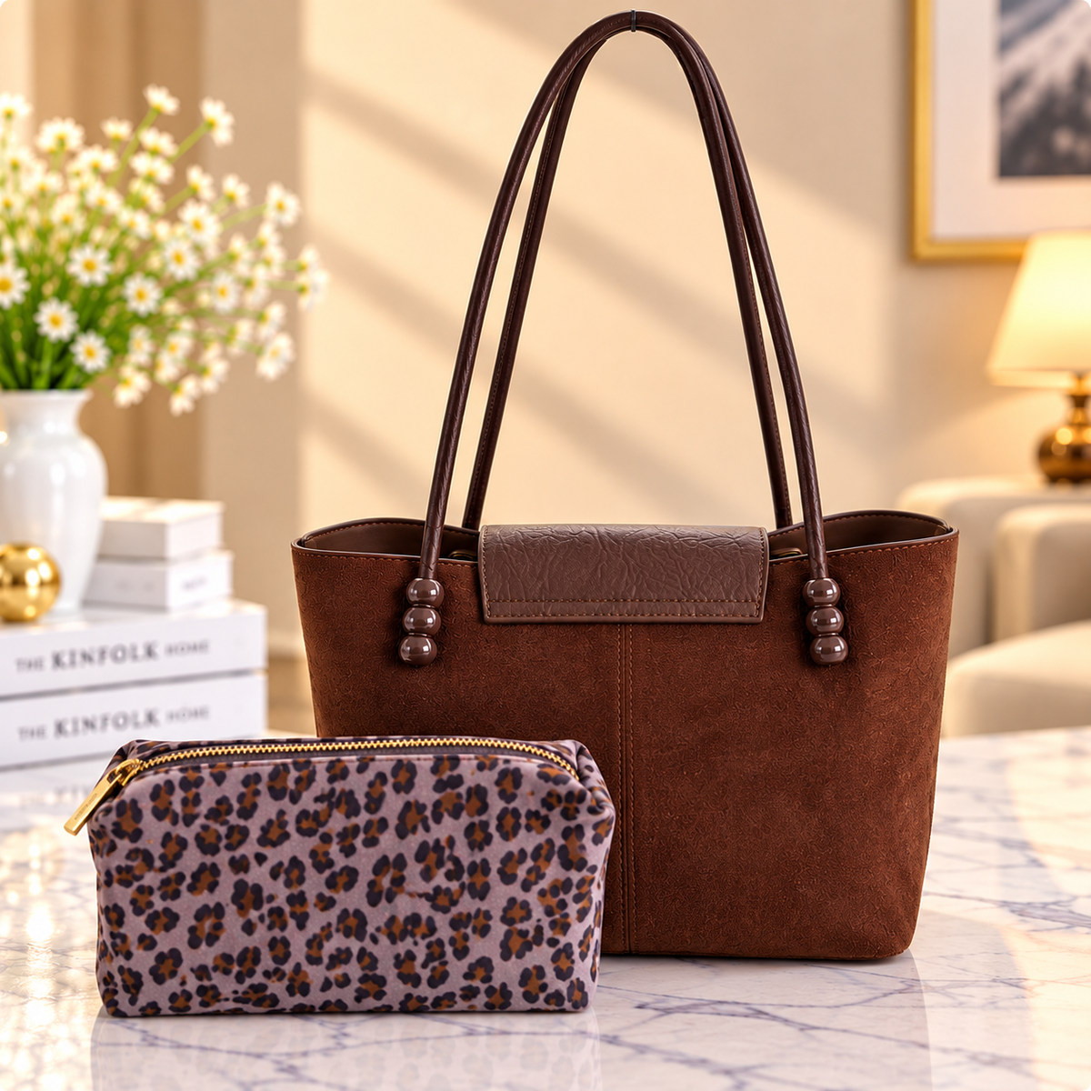 Premium Brown Tote Bag with Leopard Pouch