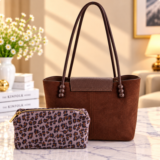 Premium Brown Tote Bag with Leopard Pouch