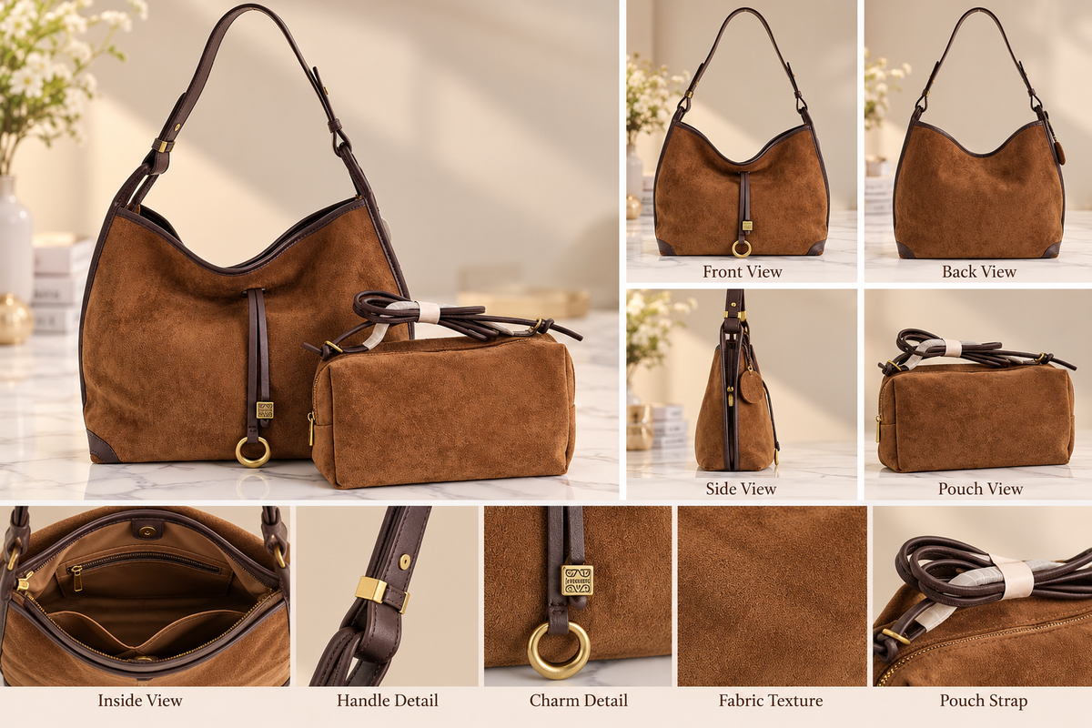 Suede Hobo Bag with Matching Pouch