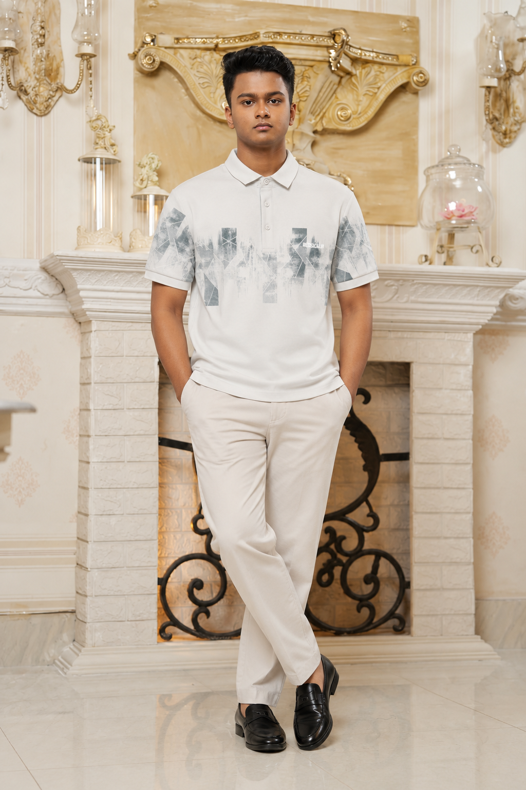 Premium Geometric Print Polo Shirt – White