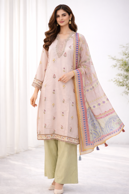 Pastel Pink Embroidered Silk 3-Piece Suit