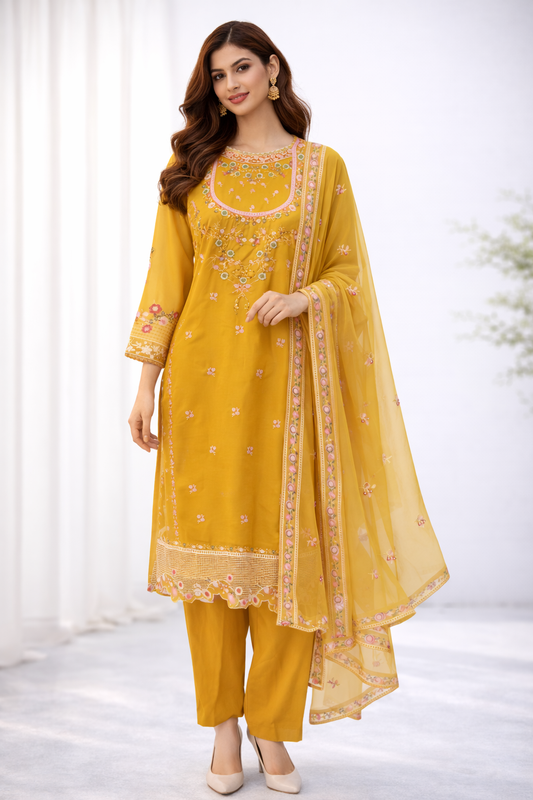 Mustard Yellow Embroidered Organza 3-Piece Suit