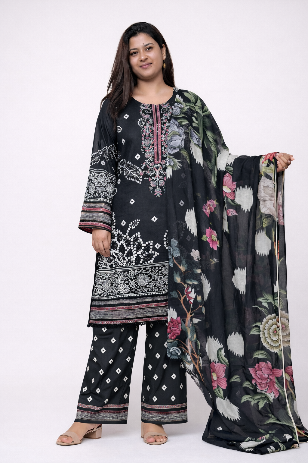 Black Printed & Embroidered Lawn 3 Piece Suit with Lawn Dupatta