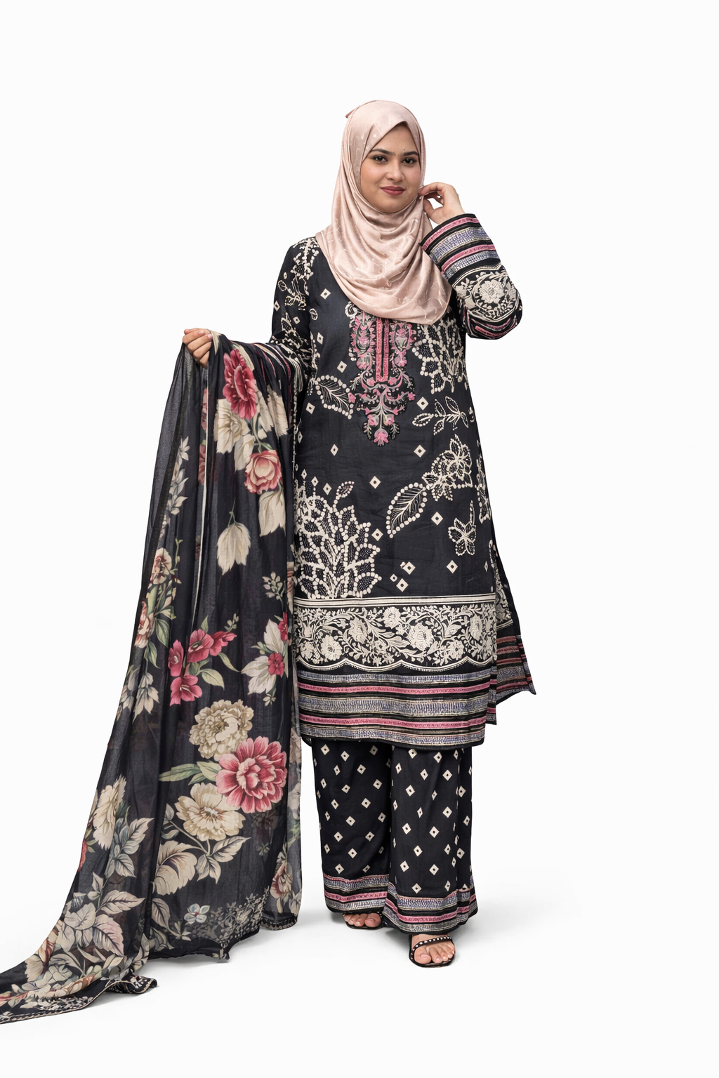 Black Printed & Embroidered Lawn 3 Piece Suit with Lawn Dupatta