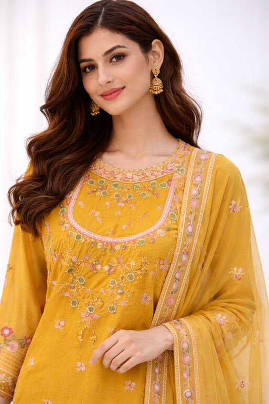 Mustard Yellow Embroidered Organza 3-Piece Suit