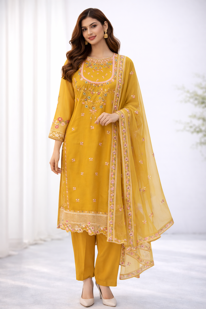Mustard Yellow Embroidered Organza 3-Piece Suit