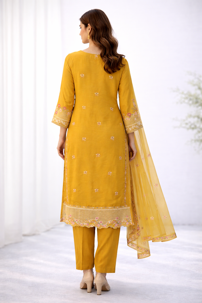 Mustard Yellow Embroidered Organza 3-Piece Suit