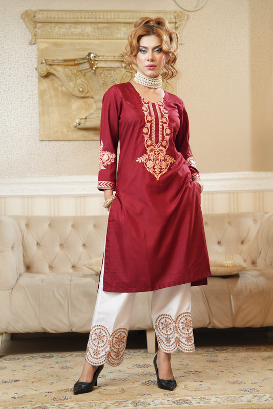 Embroidered Khaddi Silk One Piece