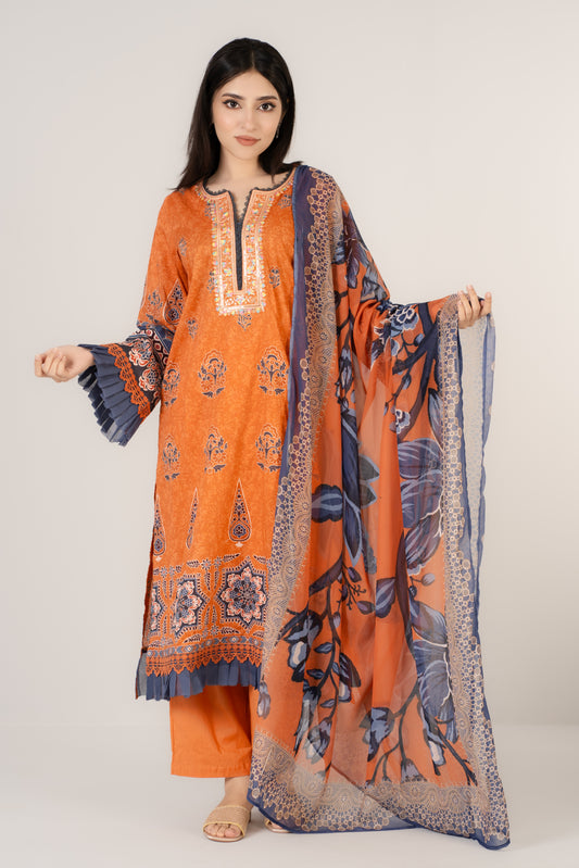Burnt Orange & Blue Printed 3 Pcs Set
