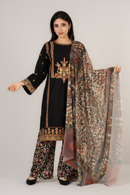Elegant Black Floral Embroidered 3 Pcs Set